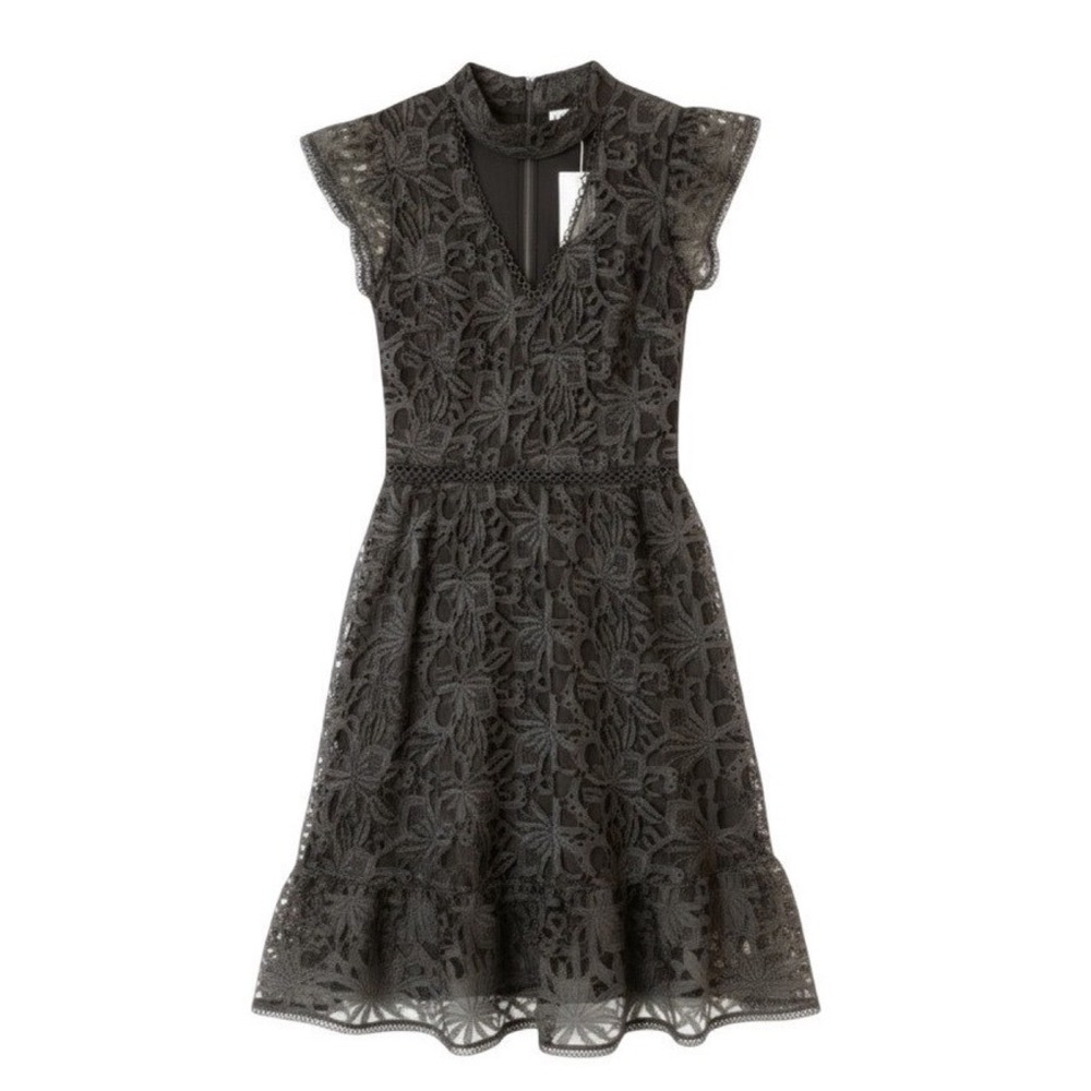 J.O.A. Floral Lace Choker Neck‎ Fit & Flare Dress Charcoal Gray | Size Small NWT